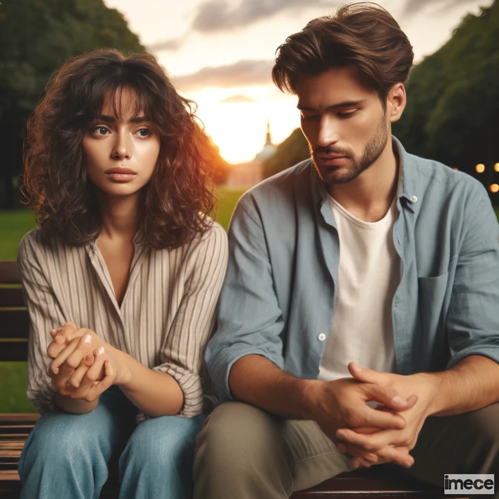 Dall·e 2024 05 16 11.13.40 A Young Couple Sitting On A Park Bench, Both Looking Worried And Anxious. The Woman Has Curly Hair With Bangs, Shoulder Length, And A Dark Complexion,